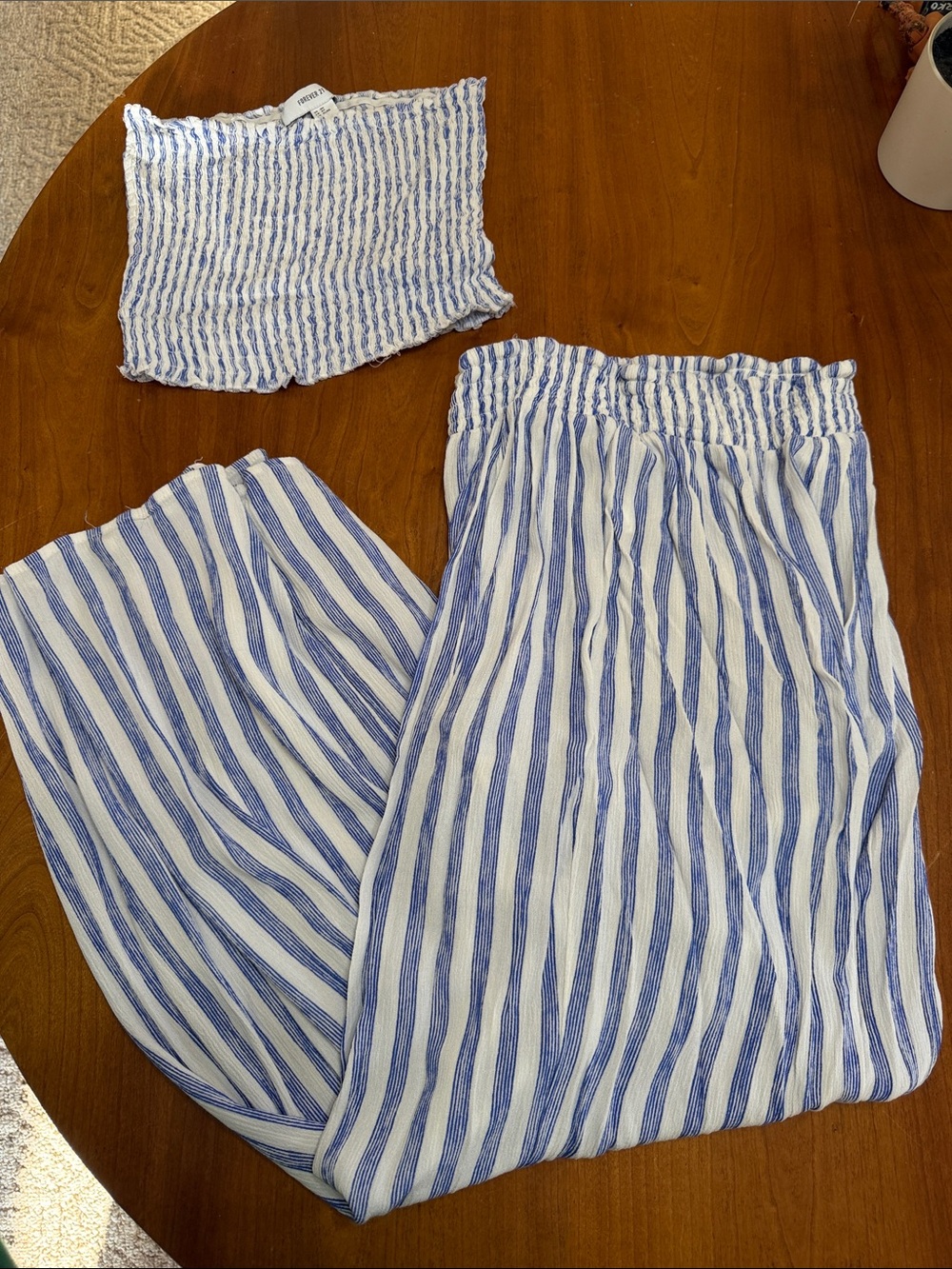 Blue & White Striped Tube Top Set with Bottoms - Elastic Waist
